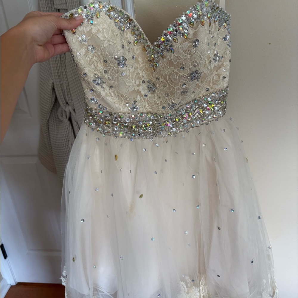 Mori Lee Cream and Silver Kids Formal Dress